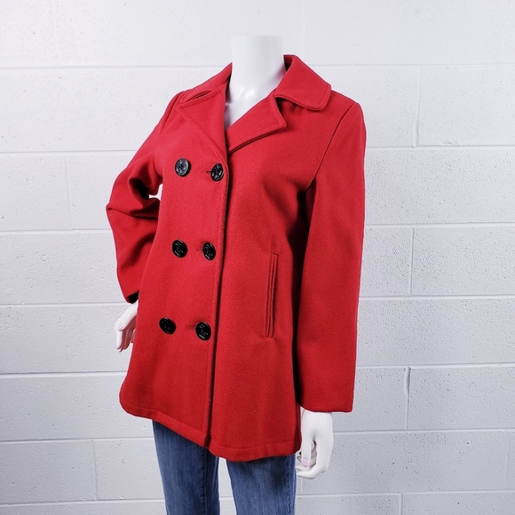 Vintage Lands' End Direct Merchants Red Wool Anchor Button Peacoat Size Medium - Picture 2 of 9